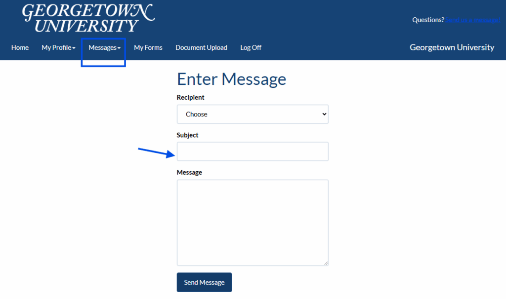 The Georgetown University Immunization Portal's Messages tab is highlighted.