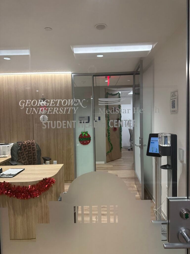 View through the front door into the lobby area of the Student Health Center on Capitol Campus.