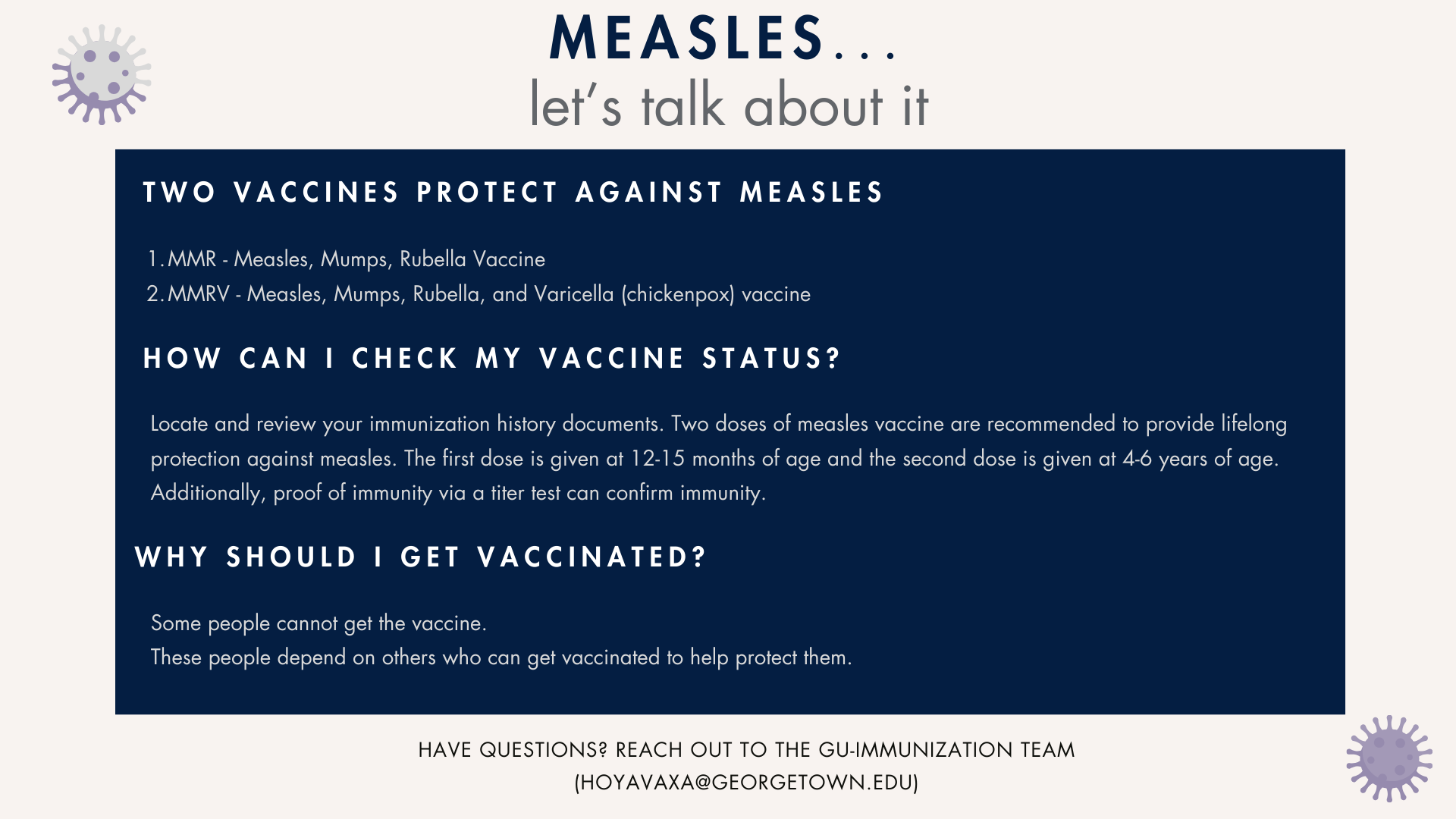 Measles infographic that describes two vaccines for measles, how to check your vaccine status, and why you should vaccinate.